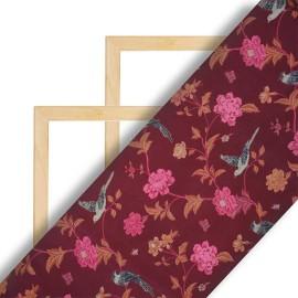 Buy Wine Red Floral And Bird Printed Crepe Online in Kolkata